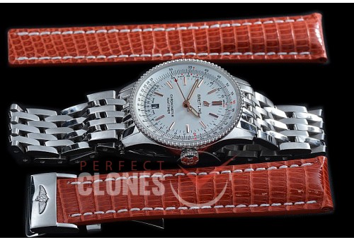 BLNV-38-101 Navitimer 38mm Automatic SS/SS White A-2824 Bundle with Leather Strap c/w Deployant 