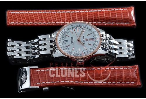 BLNV-38-106 Navitimer 38mm Automatic SS/RG/SS White A-2824 Bundle with Leather Strap c/w Deployant 