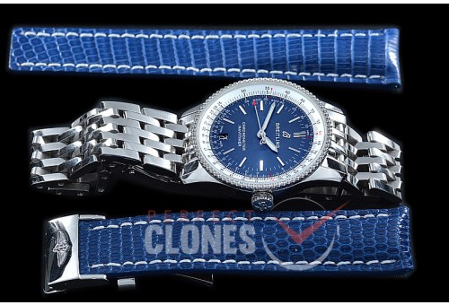 BLNV-38-103 Navitimer 38mm Automatic SS/SS Blue A-2824 Bundle with Leather Strap c/w Deployant 