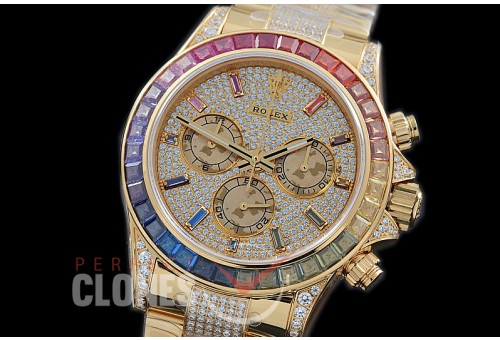 RLDUB00023 JHF Daytona Rainbow 116598 RBOW YG/YG Champagne Gold Diamond Crested Dial A7750