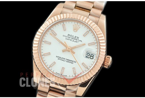 R31DJR-301 Datejust Midsize 278285 RG/RG Fluted/President White Sticks Asian Clone 2824