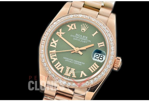 R31DJR-379 Datejust Midsize 278285RBR RG/RG Diam/President Green Diam-Roman Asian Clone 2824