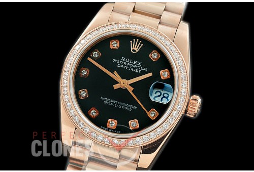 R31DJR-362 Datejust Midsize 278285RBR RG/RG Diam/President Black Diamond Asian Clone 2824