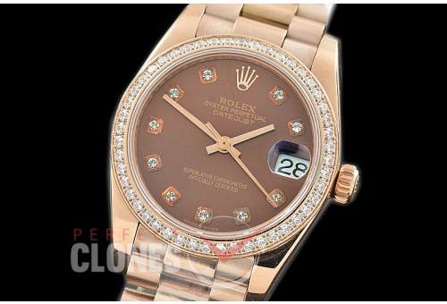 R31DJR-366 Datejust Midsize 278285RBR RG/RG Diam/President Brown Diamond Asian Clone 2824