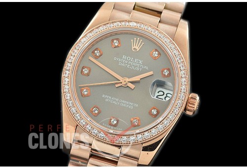 R31DJR-363 Datejust Midsize 278285RBR RG/RG Diam/President Dark Rhodium Diamond Asian Clone 2824