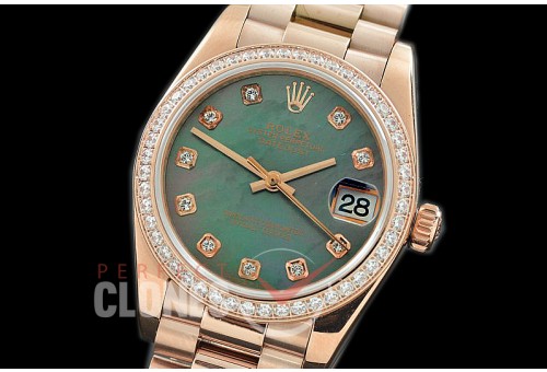 R31DJR-368 Datejust Midsize 278285RBR RG/RG Diam/President MOP Black Diamond Asian Clone 2824