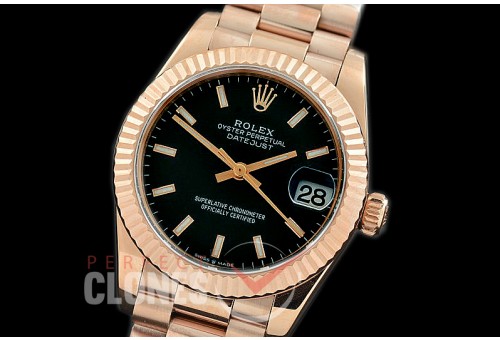 R31DJR-302 Datejust Midsize 278285 RG/RG Fluted/President Black Sticks Asian Clone 2824