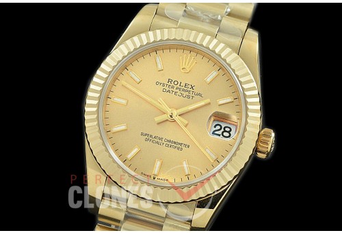 R31DJF-305 Datejust Midsize 278288 YG/YG Fluted/President Champagne Sticks Asian Clone 2824
