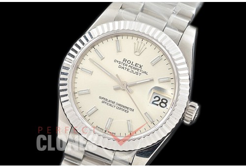 R31DJS-300 Datejust Midsize 278289 SS/SS Fluted/President Silver Sticks Asian Clone 2824