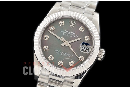 R31DJS-318 Datejust Midsize 278289 SS/SS Fluted/President MOP Black Diamonds Asian Clone 2824