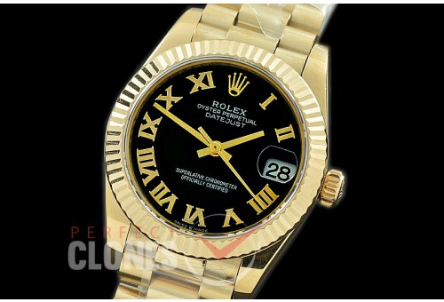 R31DJF-322 Datejust Midsize 278288 YG/YG Fluted/President Black Roman Asian Clone 2824