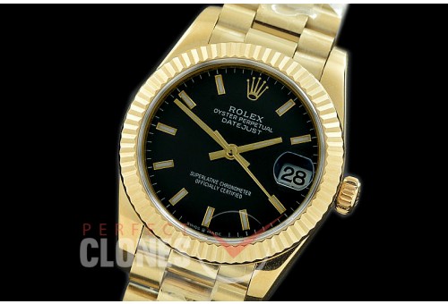 R31DJF-302 Datejust Midsize 278288 YG/YG Fluted/President Black Sticks Asian Clone 2824
