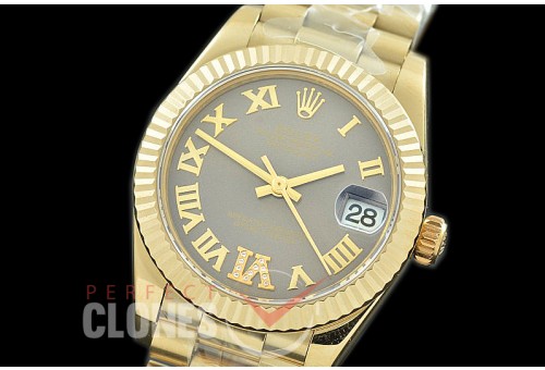 R31DJF-327 Datejust Midsize 278288 YG/YG Fluted/President Dark Rhodium Diam-Roman Asian Clone 2824