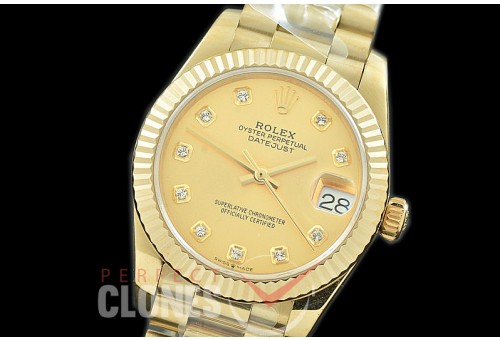 R31DJF-315 Datejust Midsize 278288 YG/YG Fluted/President Champagne Gold Diam Asian Clone 2824 