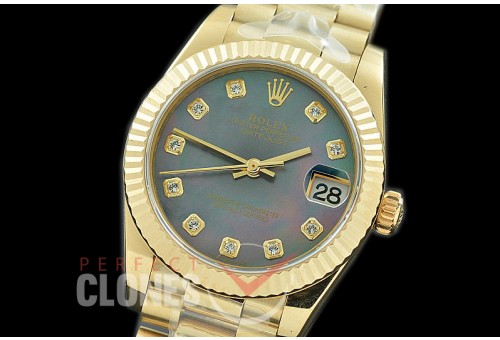 R31DJF-318 Datejust Midsize 278288 YG/YG Fluted/President MOP Black Diam Asian Clone 2824 0691s