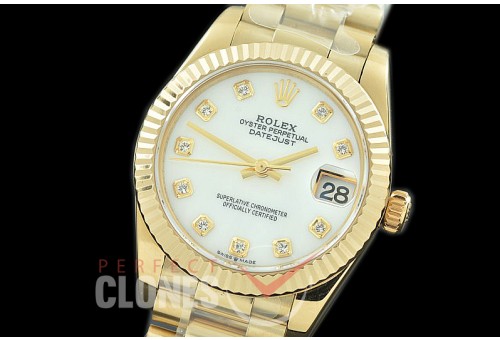 R31DJF-317 Datejust Midsize 278288 YG/YG Fluted/President MOP White Diam Asian Clone 2824