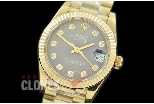 R31DJF-313 Datejust Midsize 278288 YG/YG Fluted/President Dark Rhodium Diam Asian Clone 2824 
