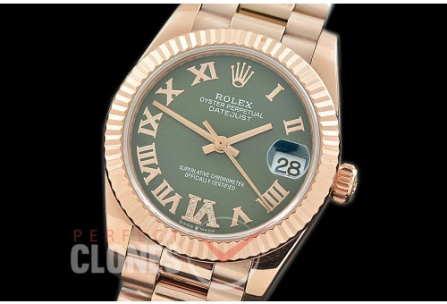 R31DJR-329 Datejust Midsize 278285 RG/RG Fluted/President Green Diam-Roman Asian Clone 2824