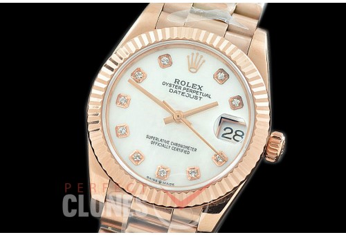 R31DJR-317 Datejust Midsize 278285 RG/RG Fluted/President MOP White Diamond Asian Clone 2824