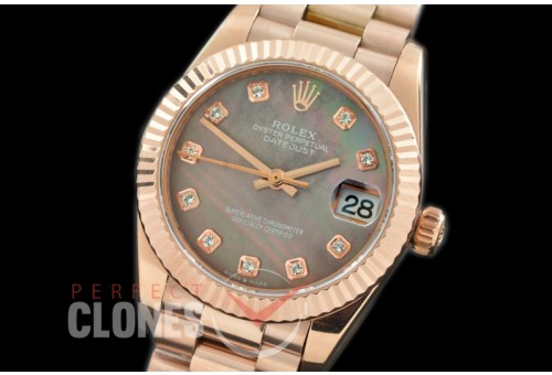 R31DJR-319 Datejust Midsize 278285 RG/RG Fluted/President MOP Brown Diamond Asian Clone 2824