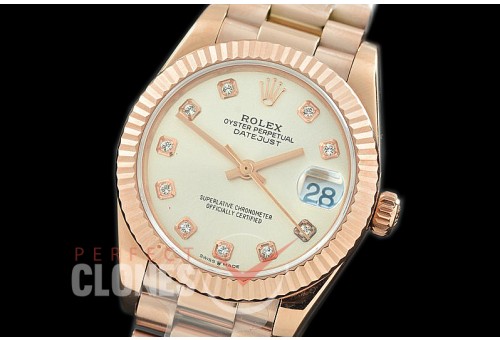 R31DJR-310 Datejust Midsize 278285 RG/RG Fluted/President Silver Diamond Asian Clone 2824