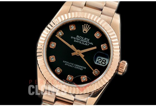 R31DJR-312 Datejust Midsize 278285 RG/RG Fluted/President Black Diamond Asian Clone 2824