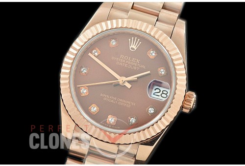 R31DJR-316 Datejust Midsize 278285 RG/RG Fluted/President Brown Diamond Asian Clone 2824