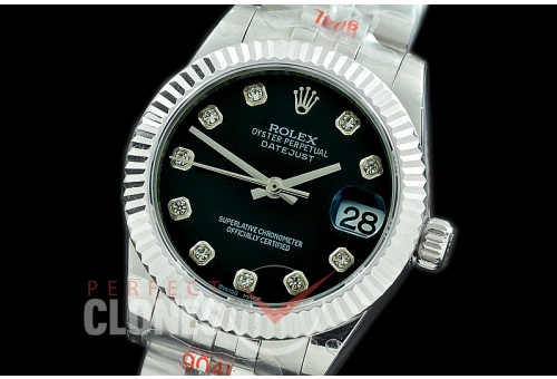 R31DJS-112 GMF 904 Steel Datejust Midsize 278274 SS/SS Fluted/Jubilee Black Diamonds Asian Clone 2824