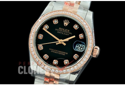 R31DJTR-112D GMF 904 Steel Datejust Midsize 278381 SS/RG Fluted/Jubilee Black Diamonds Asian Clone 2824