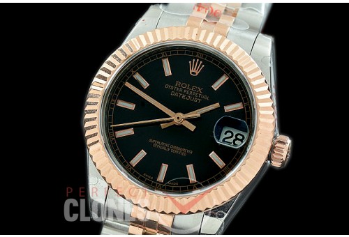 R31DJTR-102 GMF 904 Steel Datejust Midsize 278271 SS/RG Fluted/Jubilee Black Sticks Asian Clone 2824