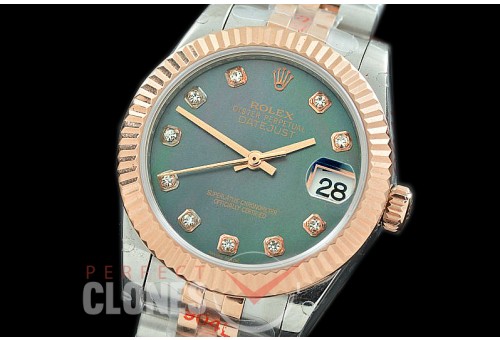 R31DJTR-118 GMF 904 Steel Datejust Midsize 278271 SS/RG Fluted/Jubilee MOP Black Diamonds Asian Clone 2824