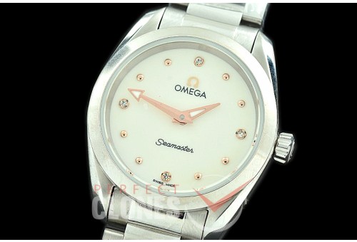 OMAT28-012 ZF 28mm Ladies Aqua Terra Quartz SS/SS White/Rose Gold Diamonds Swiss ETA Quartz 