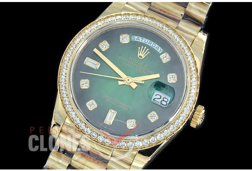 R36DDF-016D GMF 128348RBR 2019 DayDate YG/YG Fluted/President Smoke Green Diamonds A-2836