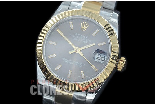 R31DJT-403 BP Datejust Midsize 278283 SS/YG Fluted/Oyster Dark Rhodium Grey Sticks Asian Clone 2824