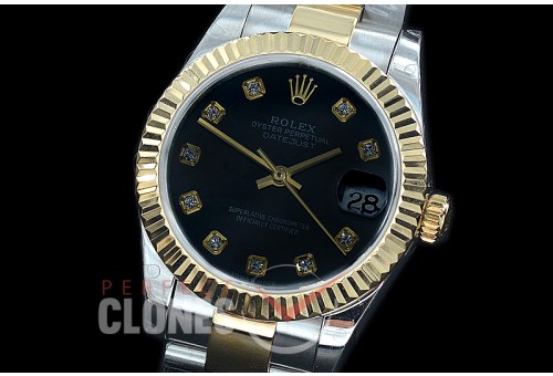 R31DJT-412 BP Datejust Midsize 278283 SS/YG Fluted/Oyster Black Diamonds Asian Clone 2824