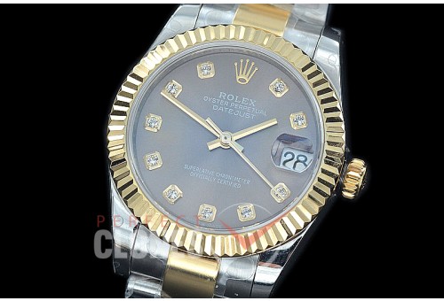 R31DJT-413 BP Datejust Midsize 278283 SS/YG Fluted/Oyster Dark Rhodium Grey Diamonds Asian Clone 2824