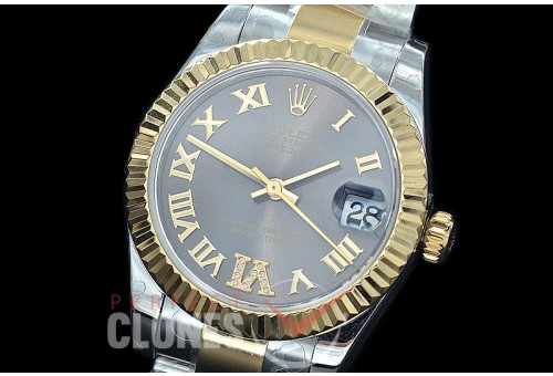 R31DJT-427 BP Datejust Midsize 278283 SS/YG Fluted/Oyster Dark Rhodium Grey Roman/Diam Asian Clone 2824