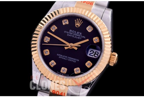 R31DJT-162 GMF 904 Steel Datejust Midsize 278383 SS/YG Fluted/Oyster Black Diamonds Asian Clone 2824