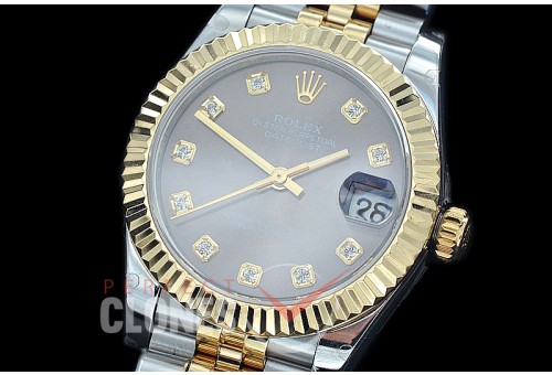 R31DJT-413J BP Datejust Midsize 278283 SS/YG Fluted/Jubilee Dark Rhodium Grey Diamonds Asian Clone 2824