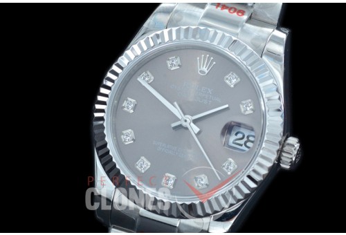 R31DJS-163 GMF 904 Steel Datejust Midsize 278274 SS/SS Fluted/Oyster Dark Rhodium Grey Diamonds Asian Clone 2824