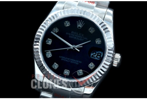 R31DJS-162 GMF 904 Steel Datejust Midsize 278274 SS/SS Fluted/Oyster Black Diamonds Asian Clone 2824