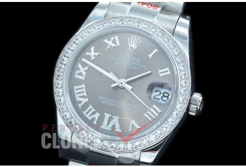 R31DJS-177D GMF 904 Steel Datejust Midsize 278384 SS/SS Fluted/Oyster Dark Rhodium Grey Roman-Diamonds Asian Clone 2824