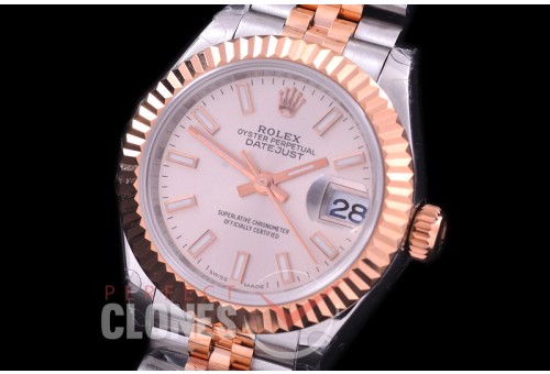 R28DJTR-400J BP Datejust 28mm Ladies 279171 SS/RG Fluted/Jubilee Silver Sticks Eta 2671