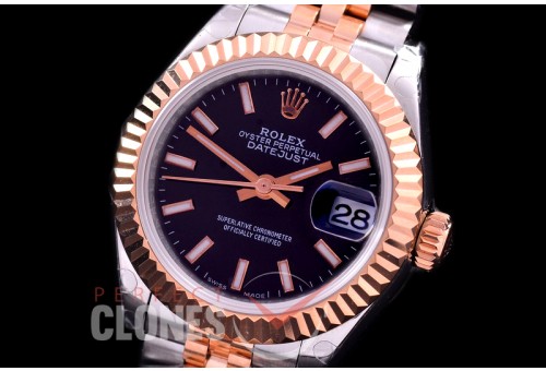 R28DJTR-402J BP Datejust 28mm Ladies 279171 SS/RG Fluted/Jubilee Black Sticks Eta 2671