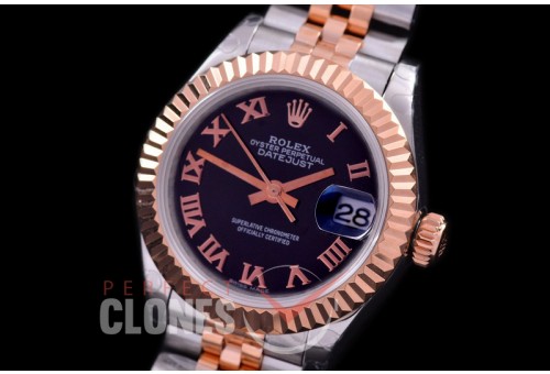 R28DJTR-422J BP Datejust 28mm Ladies 279171 SS/RG Fluted/Jubilee Black Roman Eta 2671