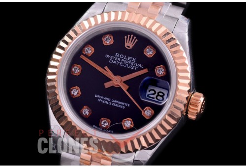 R28DJTR-412J BP Datejust 28mm Ladies 279171 SS/RG Fluted/Jubilee Black Diamonds Eta 2671