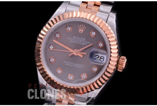 R28DJTR-413J BP Datejust 28mm Ladies 279171 SS/RG Fluted/Jubilee Dark Rhodium Grey Diamonds Eta 2671