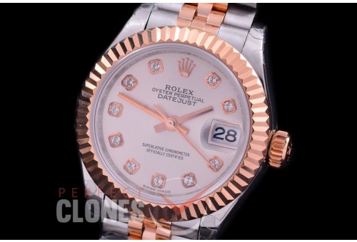 R28DJTR-410J BP Datejust 28mm Ladies 279171 SS/RG Fluted/Jubilee Silver Diamonds Eta 2671