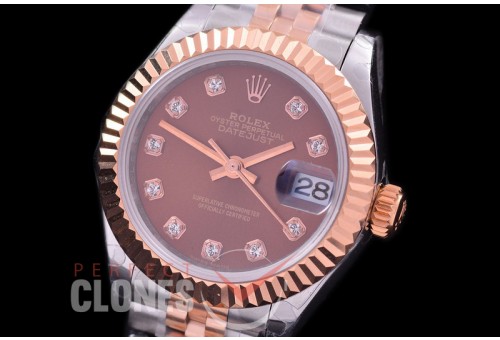 R28DJTR-415J BP Datejust 28mm Ladies 279171 SS/RG Fluted/Jubilee Brown Diamonds Eta 2671