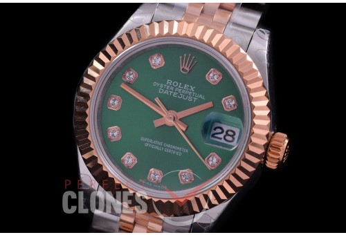 R28DJTR-416J BP Datejust 28mm Ladies 279171 SS/RG Fluted/Jubilee Green Diamonds Eta 2671